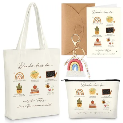 Immagine prodotto di Set regalo per un'educatrice, composto da una borsa in tessuto, una trousse, un portachiavi, un biglietto di auguri e una busta