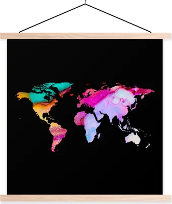 Produktbild von MuchoWow® Textilposter Weltkarte - Farben - Farbe 120x120 cm mit holzfarbenen Rahmen - Textil-Poster