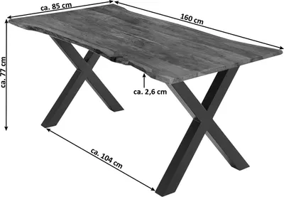 Produktbild von Esstisch 160x85 cm Burgos, Akazienholz massiv + nussbaumfarben + lackiert, echte Baumkante, Baumkantentisch mit X-Gestell aus Metall schwarz, Tischplatte 26 mm