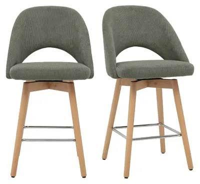 Produktbild von Miliboo - Barhocker im skandinavischen Design aus grünem Cordstoff und massivem Hevea 65 cm (2er-Set) COSETTE
