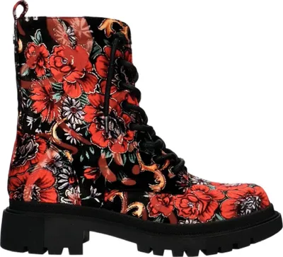 A single boot with a floral pattern on a white background.