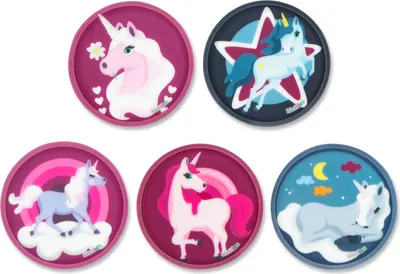 A collage of five circular patches featuring different unicorn designs.