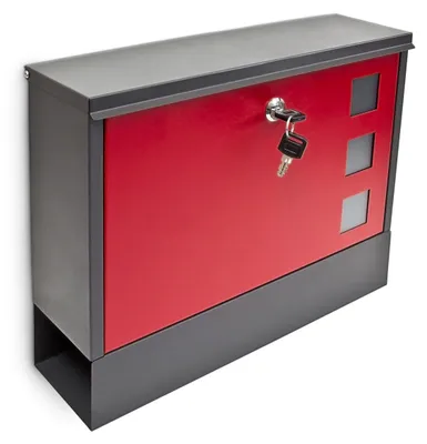 Produktbild von Relaxdays Briefkasten mit Zeitungfach, HBT: 30 x 36 x 10 cm, Metall, mit 2 Schlüsseln, moderner Postkasten, schwarz/rot