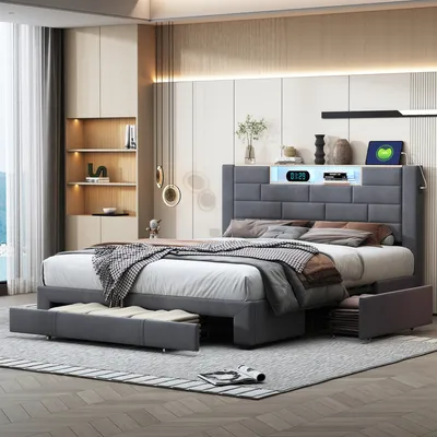 A modern bedroom with a large bed, storage, and ambient lighting.