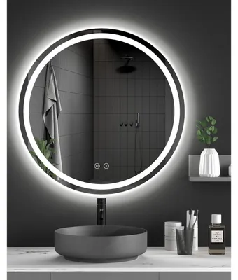 Zdjęcie produktu dla Okrągłe lustro do łazienki z oświetleniem LED, 60x60 cm, możliwość regulacji jasności, 3 barwy światła, powłoka antyfogowa