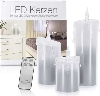 Produktbild von LED Acryl Glitzer Kerze Silber 3er Set"Liza" inkl. Fernbedienung und Timer