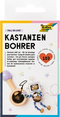 Produktbild von folia 23007 - Kastanienbohrer Bastelset FALL IN LOVE mit Haltevorrichtung aus Holz, 2 und 3 mm Bohrer aus Metall, Set für Kinder und Erwachsene, inkl. 100 Zahnstochern