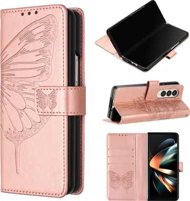 Produktbild von Galaxy Z Fold3 Hülle, Schmetterling Prägung Flip Leder Kartenfächer Schutzhülle Ledertasche mit Ständer für Samsung Galaxy Z Fold3 Roségold