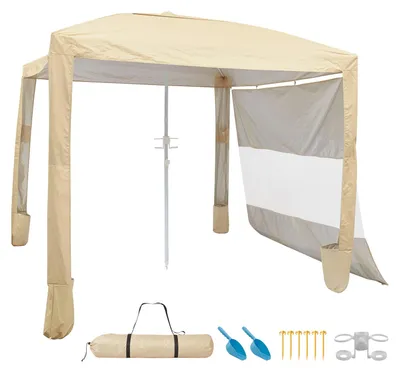 Zdjęcie produktu dla SucceBuy Altana plażowa, 2,4 x 2,4 m, osłona przeciwsłoneczna z bocznymi ściankami, ochrona przed promieniowaniem UV UPF 50+, przenośna altana z workami z piaskiem, dasek z regulowaną wysokością na plażę, dla rodziny i przyjaciół, kolor khaki
