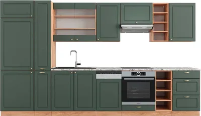 Produktbild von Küchenzeile Vicco Fame-Line Grün-Gold Landhaus/Goldkraft Eiche 355 cm , AP Marmor, Model 49319