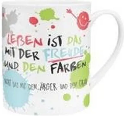 Immagine prodotto di Tazza Happy Life 45358 XL con stampa del motivo: "La vita è gioia e colore. Non quella con la rabbia e il grigio", con custodia regalo
