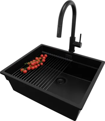 Produktbild von PRIMAGRAN Unterbauspüle Granit Alles Schwarz 56x47cm, Spülbecken 1 Becken + Ablauf-Set + Küchenzubehörset, Granitspüle ab 60er Unterschrank - Praga