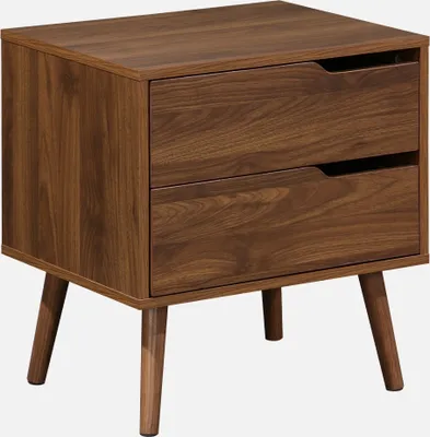 A brown wooden nightstand with two drawers and tapered legs, shown against a plain background.