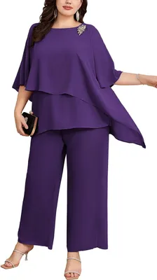 Productafbeelding van Tweedelig chiffon avondpakset voor dames in grote maat, lila, met blouse en broek met hoge taille