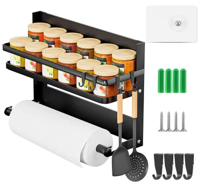 Produktbild von Gewürzregal mit Papierhalter und 4 Haken, Küchenorganizer ohne Bohren