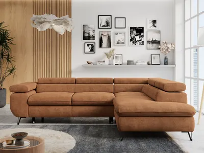 Produktbild von Ecksofa Sofa Orange, Wohnlandschaft L-Form mit Schlaffunktion und Bettkasten, Schlafsofa mit Bettkasten, Sofa mit Einstellbare Kopfstützen, Peter L - Orange Struktur - Rechts Orange