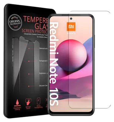 A product package for a screen protector for a Xiaomi Redmi Note 10S phone, with the phone and screen protector shown.