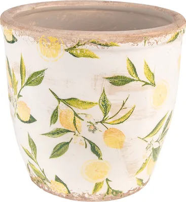 A ceramic pot with a lemon pattern.