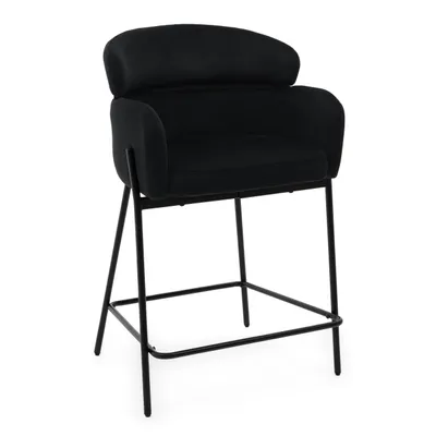 A black upholstered bar stool with a metal frame, shown against a white background.