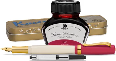 Produktbild von Kaweco Student Füllhalter mit 30 ml Füllhaltertinte, Konverter und Metalletui 30's Blues, Rot