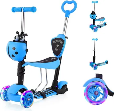 Produktbild von Yoleo 5-in-1 Kinder Roller Scooter mit abnehmbarer Karikaturkorb Sitz Schubstange LED große Räder bequeme Rückenlehne Höheverstellbare Lenker für Kleinkinder Jungen Mädchen ab 2 Jahre (Blau)