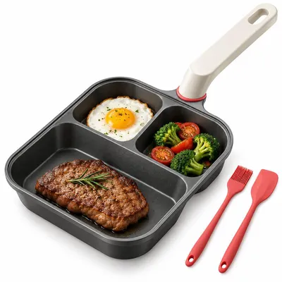 Produktbild von Frühstückspfanne 3 in 1 mit Antihaftbeschichtung, Eierpfanne mit 3 Fächern, Titanbeschichtung, für Induktion Gasherd und Glaskeramikkochfeld
