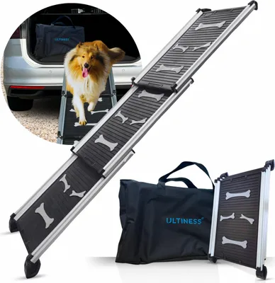 A dog is using a ramp to get into a car. The ramp is extended and appears to be made of metal and black rubber with bone-shaped grips. A folded ramp and a carrying bag are also shown.