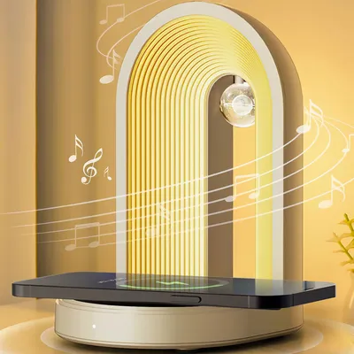A modern lamp with a wireless charging pad and a smartphone on it, with musical notes overlaid to suggest it has a Bluetooth speaker function.