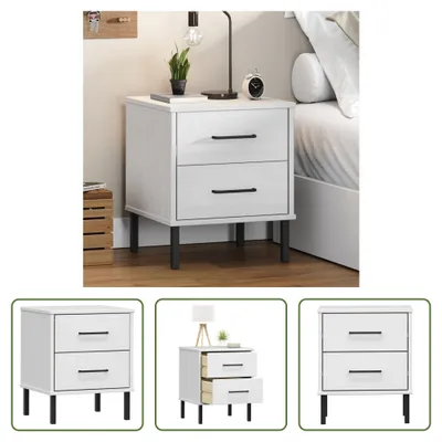 Image de The Living Store Table de chevet OSLO avec pieds métalliques Blanc Pin massif
