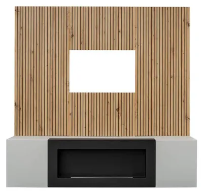 Image de Ensemble meuble TV mural Xari L2-K avec cheminée bioéthanol - Bois MDF gris perle et chêne artisan - 160 x 158 x 40 cm