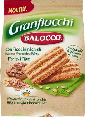 Produktbild von Balocco Granfiocchi Biscotti Integrali Vollkornkekse Kekse Biscuits mit Vollkorn Getreideflocken und mit braunen Zucker Körnern 700g