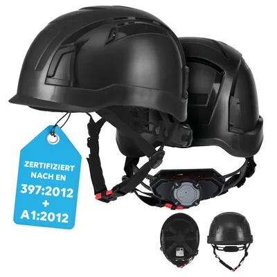 Produktbild von PRO FIT Arbeitsschutzhelm D!-Rock – Robuster Schutzhelm, Sicherheitshelm, Belüfteter Bauhelm, Anpassbares Kopfband & Kinnriemen - Schwarz