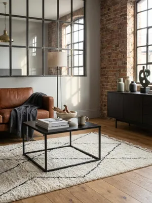 Der schwarze Couchtisch aus Metall im Industrial Stil als Mittelpunkt eines modernen Wohnzimmers, kombiniert mit einem Ledersofa und einem texturierten Wollteppich._#sku_SAFWL6.603#