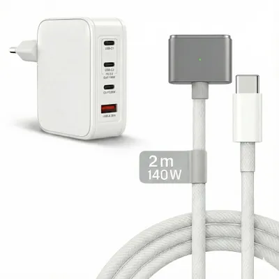 A white USB-C charger and a gray MagSafe 3 cable are displayed against a white background.