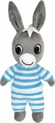 A plush toy donkey wearing striped pajamas.