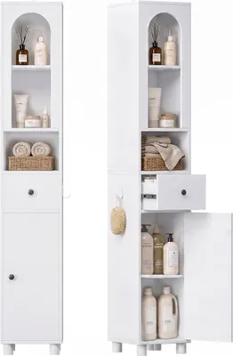 Produktbild von Badezimmerschrank schmal hoch, Badschrank weiß, Hochschrank Badezimmer mit Schublade und Türen, verstellbare Ablagen, Rundbogen Design, 30x30x171 cm