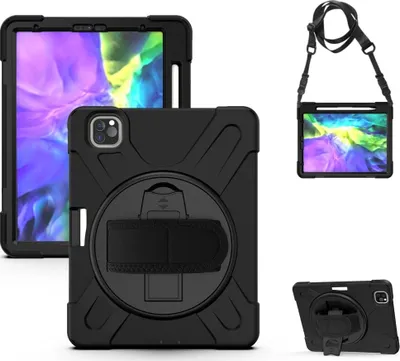 Produktbild von Mobigear SureGrip XGuard Schutzhülle für iPad Pro 11 Zoll (2018), aus Kunststoff und Silikon, mit Rückseite, Stifthalter, Schultergurt und Ständer - Schwarz