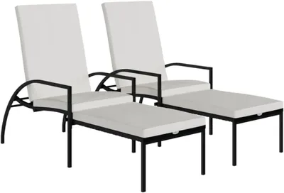 Produktbild von 2er-Set Sonnenliegen mit Fußhockern, verstellbare Gartenliegen aus PE-Rattan mit Kissen für Terrasse, Garten und Pool, Schwarz