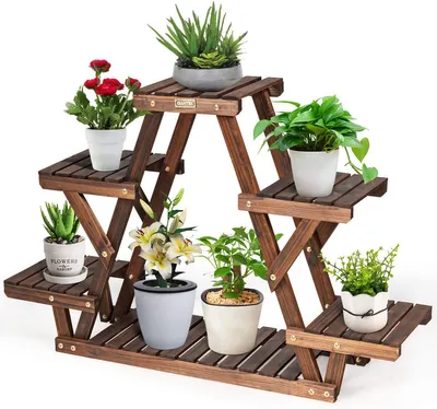 Produktbild von GOPLUS Pflanzenregal mit 6 Ablagen, mehrstöckige Blumentreppe, Holz, Pflanzentreppe Blumenständer für Garten Balkon, Blumenleiter mit großem Stauraum