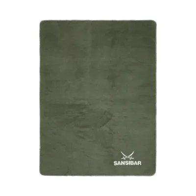 A green blanket is shown flat on a white background.