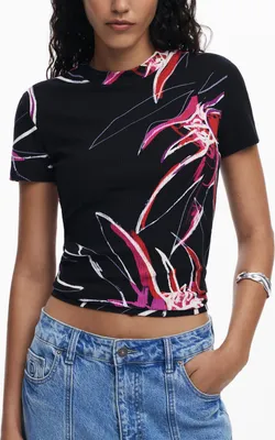 Produktbild von Schwarzes Damen Kurzarm-Shirt mit Print und Rundhalsausschnitt