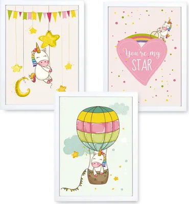 Produktbild von Himmelzucker Premium 3er Poster set für Kinderzimmer Babyzimmer DIN A4 Wandbilder Deko Junge Mädchen Dekoration Bilder Kinder