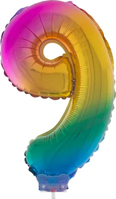 Produktbild von Zahlen Folienballon 41 cm mit Stab - Regenbogen Zahl 9