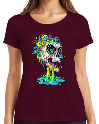 Produktbild von Psychedelischer Totenkopf Bunt Schmelzend Space Galaxie Skull Drip Damen T-Shirt, Burgundy, L