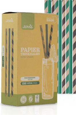 Produktbild von Trinkhalm in ECO Streifen farbig sortiert aus Papier, Ø 8 mm / 23 cm, 150 Stück in Pappkarton