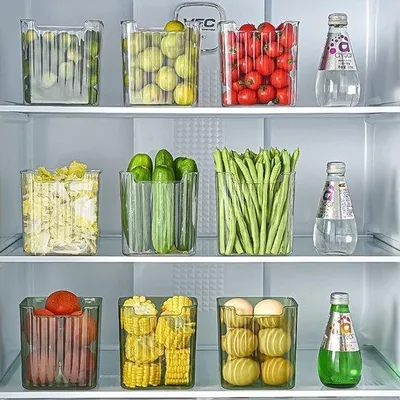 Imagen del producto de Juego de organizadores para nevera, de 4 piezas, con recipientes de almacenamiento de alta calidad, organizador de cocina, transparente, apilable, ideal para latas en la nevera, congelador, oficina