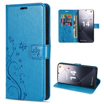 Produktbild von Hülle Xiaomi 14 Handy Tasche Handyhülle Wallet Case Flip Cover Blumen Klapphülle Blau