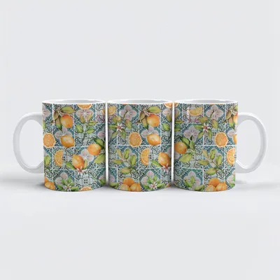 Produktbild von Keramik Tasse mit Orangen Motiv, weiß, 330ml Fassungsvermögen, 95mm Höhe, 80mm Durchmesser, spülmaschinen- und mikrowellenfest
