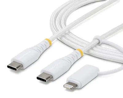 Productafbeelding van STARTECH.COM 1 meter, 3 voet, 2-in-1 robuuste USB-C oplaadkabel met Lightning-adapter, 30W/60W, 3A, Apple MFi-gecertificeerd, gevlochten USB-C kabel