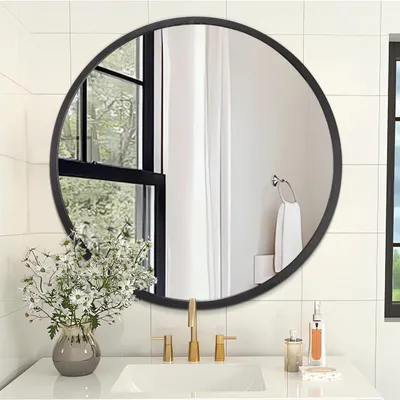 Produktbild von Wandspiegel rund, schwarz, klein, Metallrahmen, gehärtetes Glas, für Badezimmer